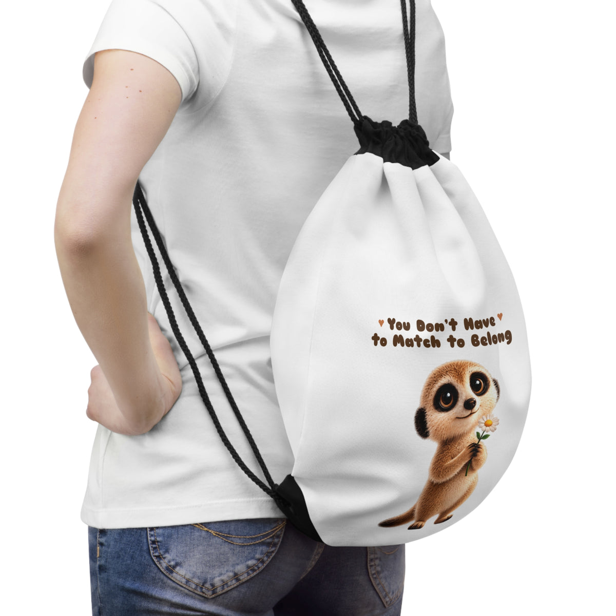 Milo the Meerkat "You Don't Have to Match to Belong" Drawstring Book Bag | The Meerkat in the Mountains Kids Backpack