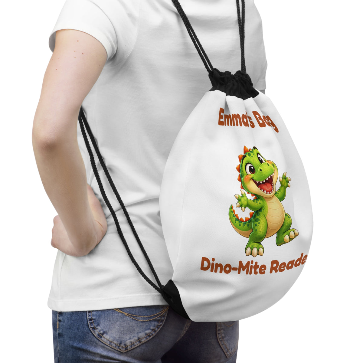 Personalized Dinosaur Kids Drawstring Book Bag | Dino-Mite Reader Custom Name Backpack