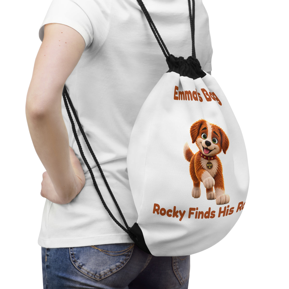 Personalized Rocky Finds His Roar Kids Drawstring Book Bag | Custom Name Puppy Backpack