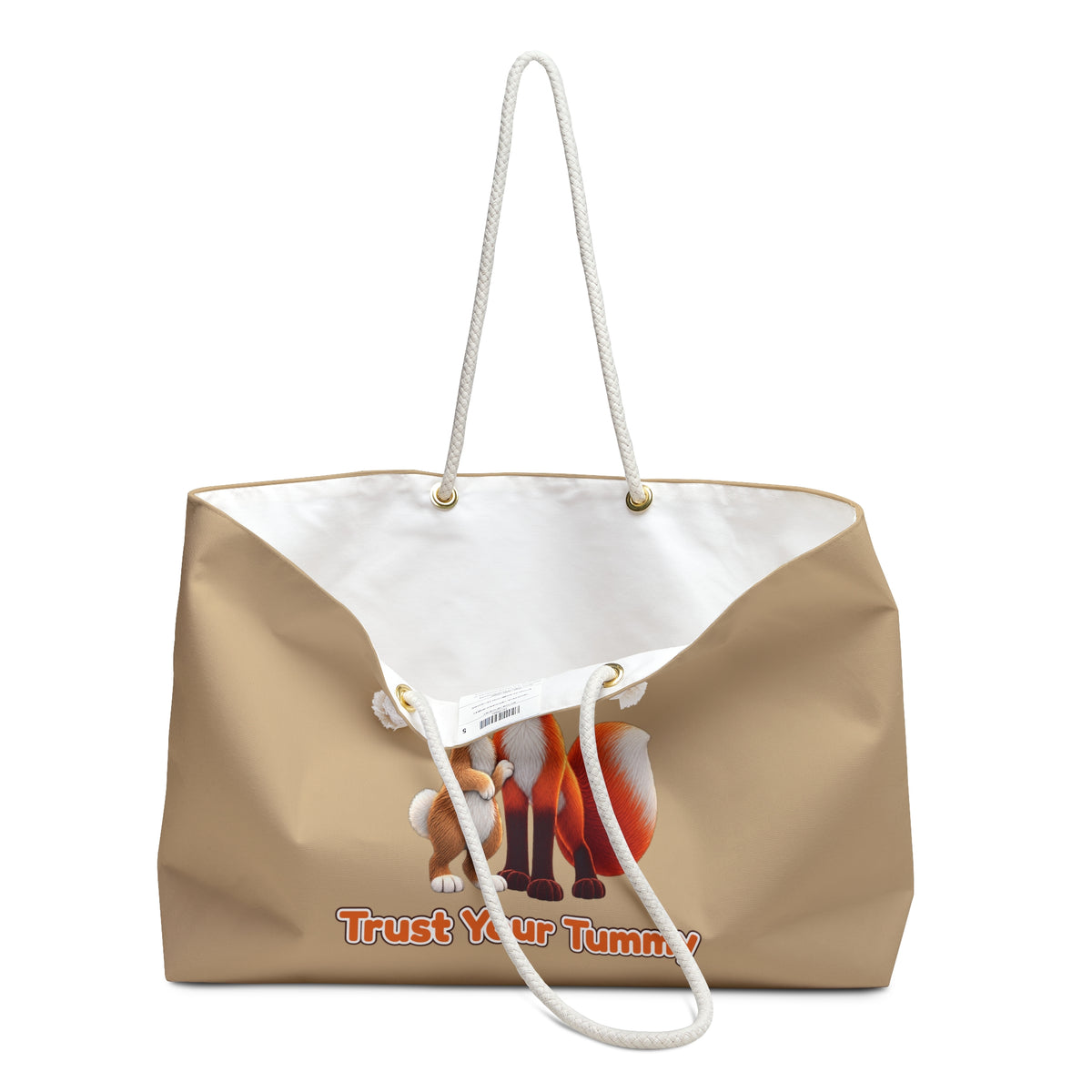 Brave Bunny & The Friendly Fox "Trust Your Tummy" Tan Weekender Tote Bag | Oversized Tote