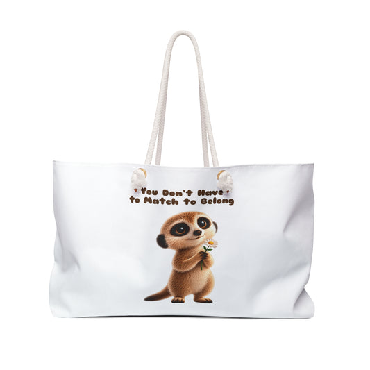 Milo the Meerkat "You Don't Have to Match to Belong" White Weekender Tote Bag | The Meerkat in the Mountains