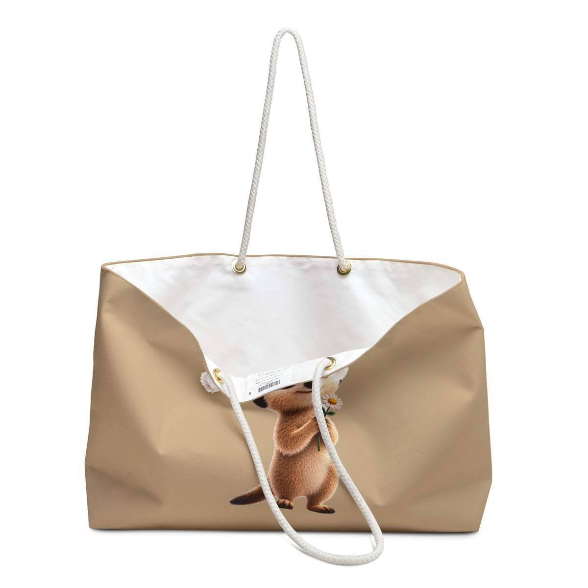Milo the Meerkat "You Don't Have to Match to Belong" Tan Weekender Tote Bag | The Meerkat in the Mountains