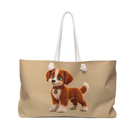 Rocky Finds His Roar Tan Weekender Tote Bag | Rocky the Puppy Oversized Tote