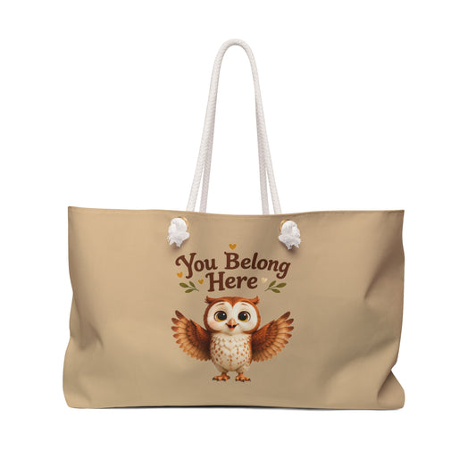 Olwyn the Owl "You Belong Here" Tan Weekender Tote Bag | The Owl Without a Tree Oversized Tote