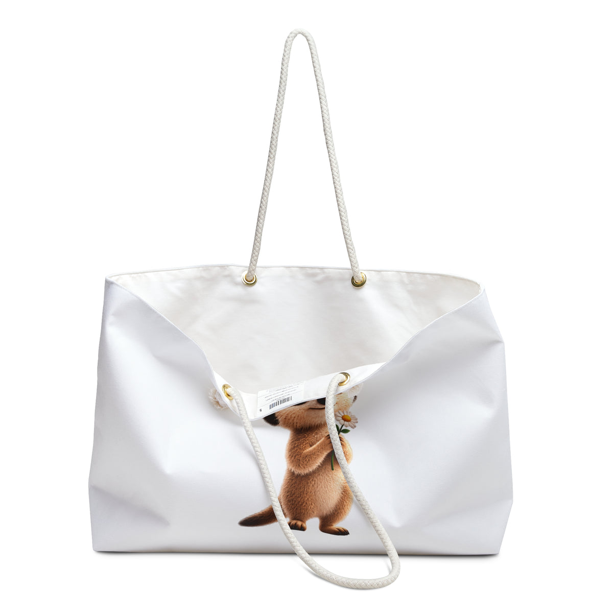 Milo the Meerkat "You Don't Have to Match to Belong" White Weekender Tote Bag | The Meerkat in the Mountains