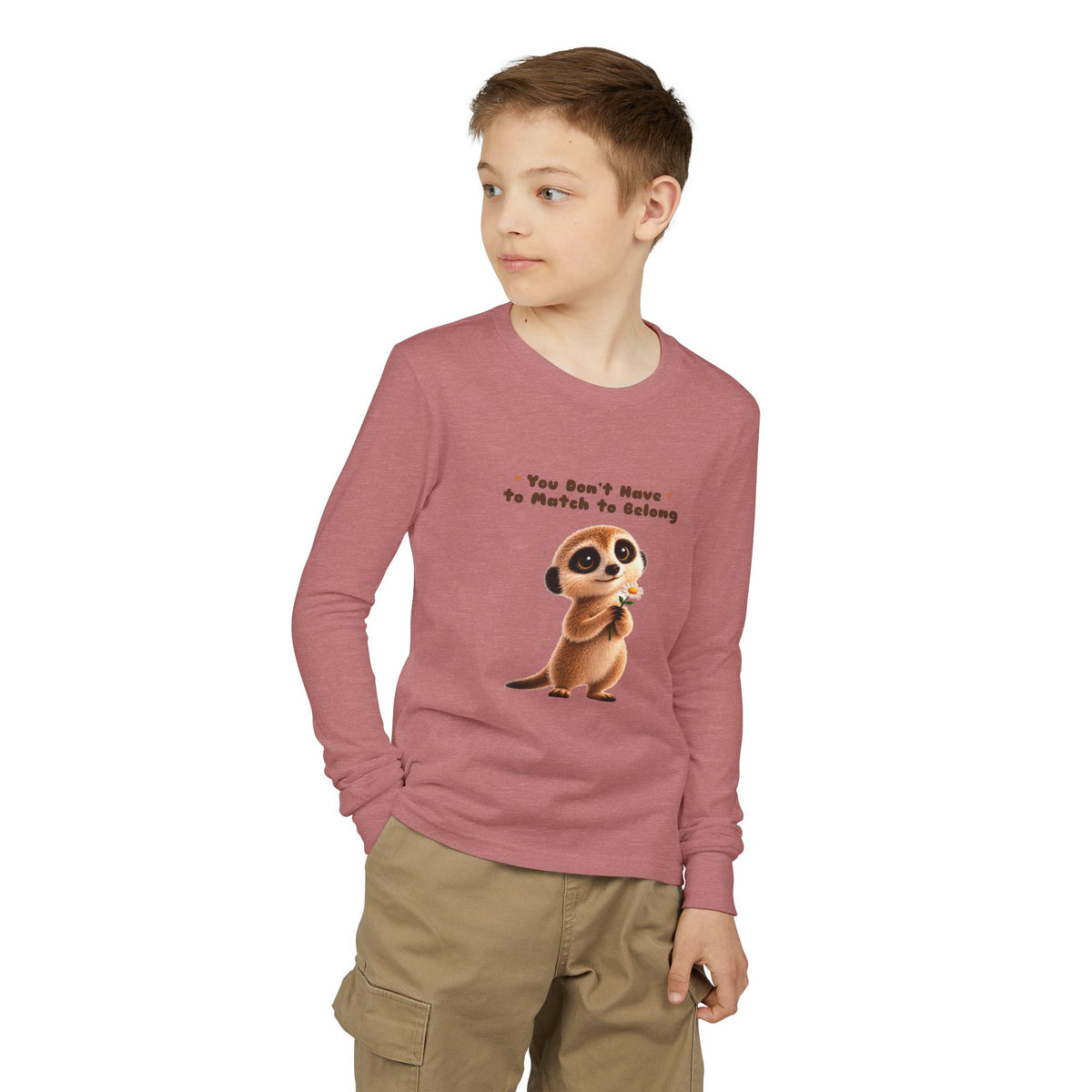 Milo the Meerkat "You Don't Have to Match to Belong" Kids Long Sleeve Tee | The Meerkat in the Mountains