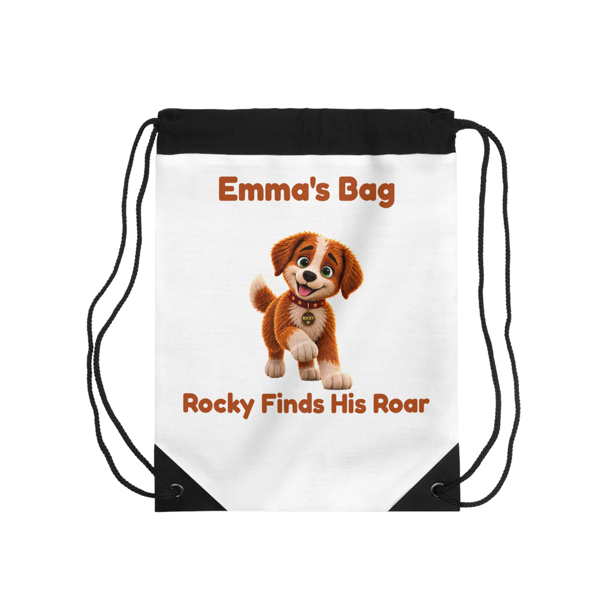Personalized Rocky Finds His Roar Kids Drawstring Book Bag | Custom Name Puppy Backpack