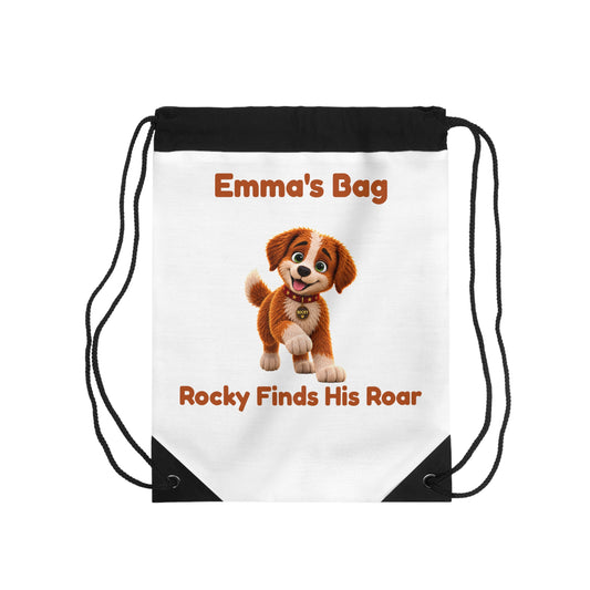 Personalized Rocky Finds His Roar Kids Drawstring Book Bag | Custom Name Puppy Backpack