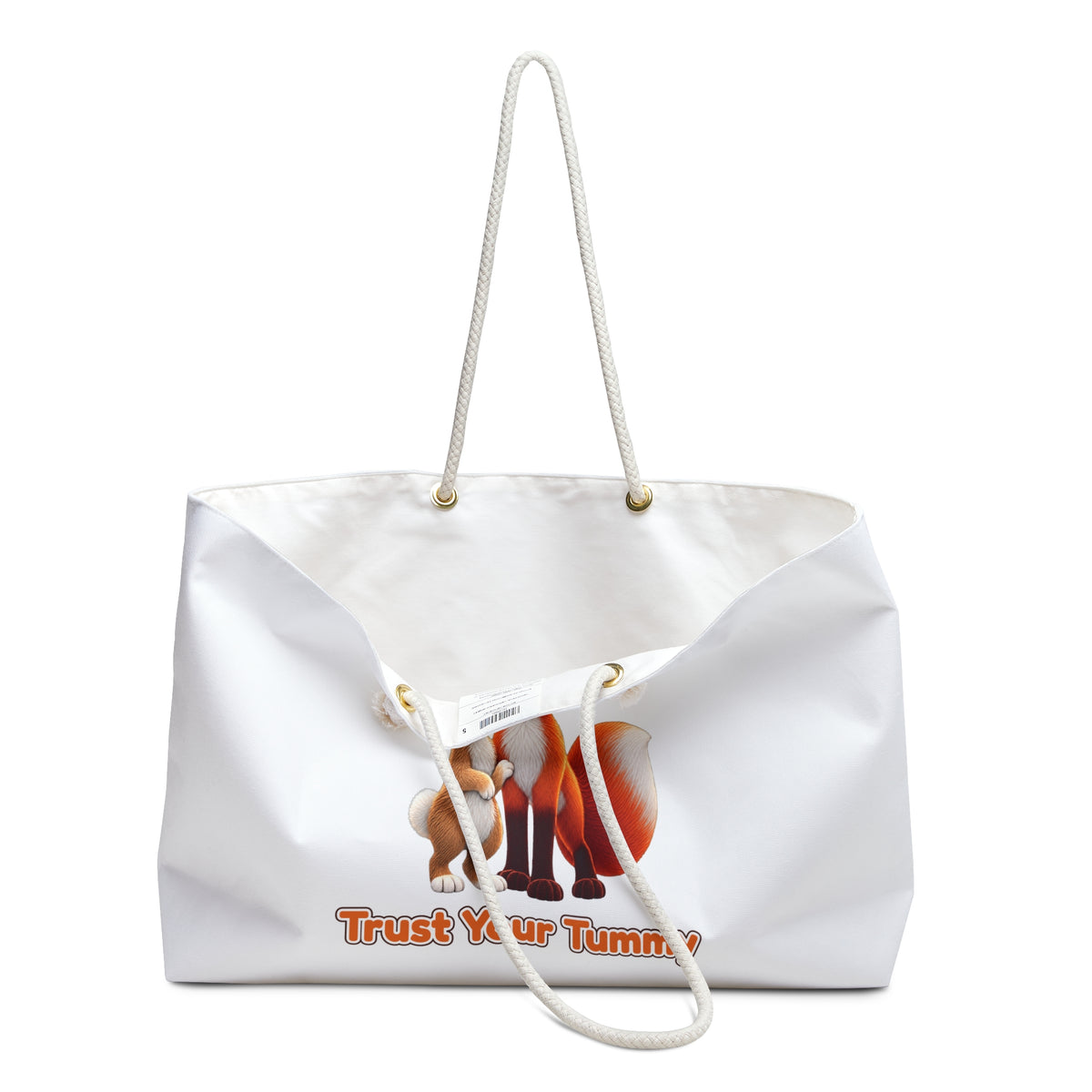 Brave Bunny & The Friendly Fox "Trust Your Tummy" White Weekender Tote Bag | Oversized Tote
