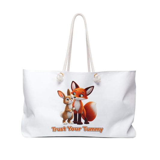 Brave Bunny & The Friendly Fox "Trust Your Tummy" White Weekender Tote Bag | Oversized Tote