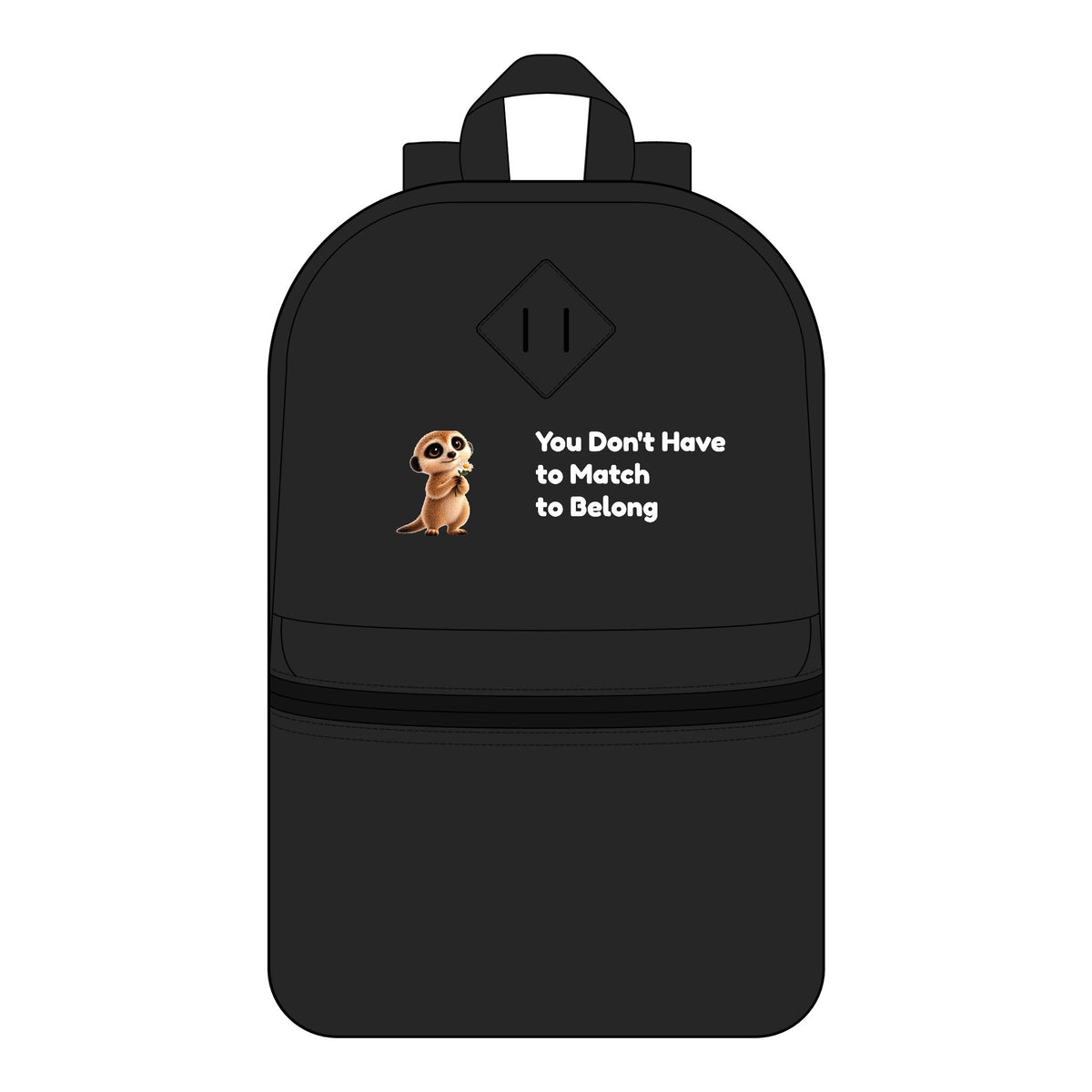 Milo the Meerkat "You Don't Have to Match to Belong" Kids Backpack | Black School Book Bag | The Meerkat in the Mountains