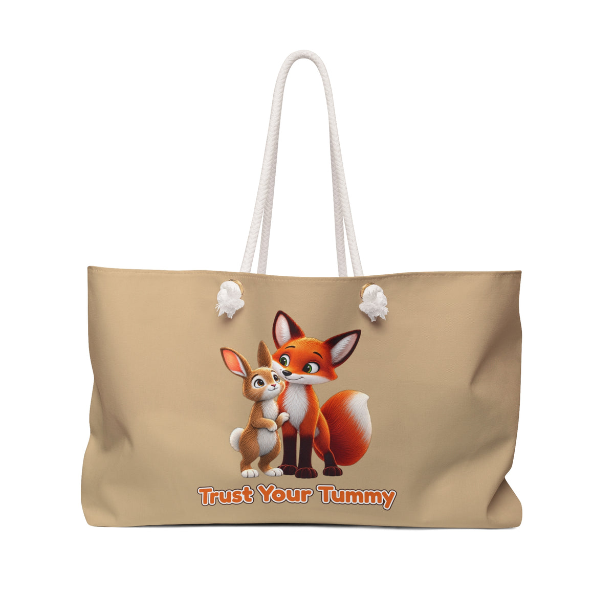 Brave Bunny & The Friendly Fox "Trust Your Tummy" Tan Weekender Tote Bag | Oversized Tote