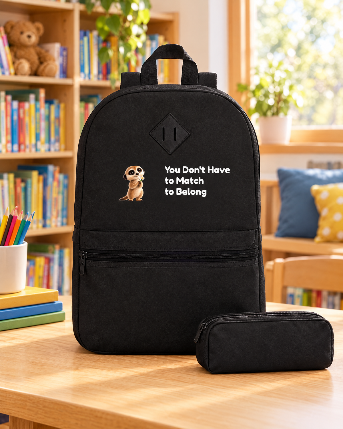 Milo the Meerkat kids backpack in a children's library