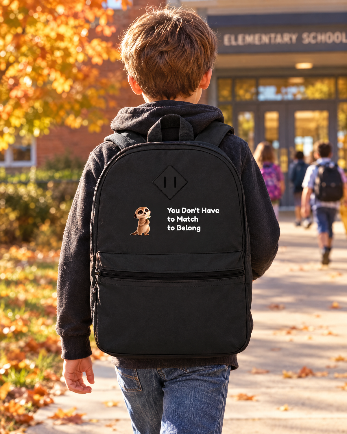 Child wearing the Milo the Meerkat You Don't Have to Match to Belong black backpack walking into school