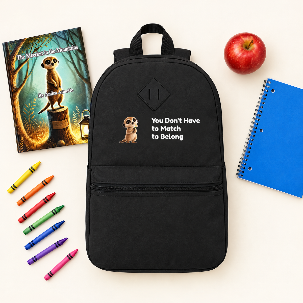Milo the Meerkat backpack with the book The Meerkat in the Mountains by Andra Annette